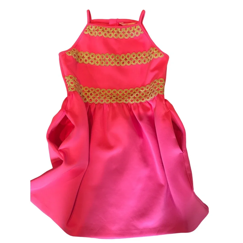 Lilly Pulitzer Girls Elize Dress Raz Berry Pink Gold Trim‎ XL 12-14 NWT